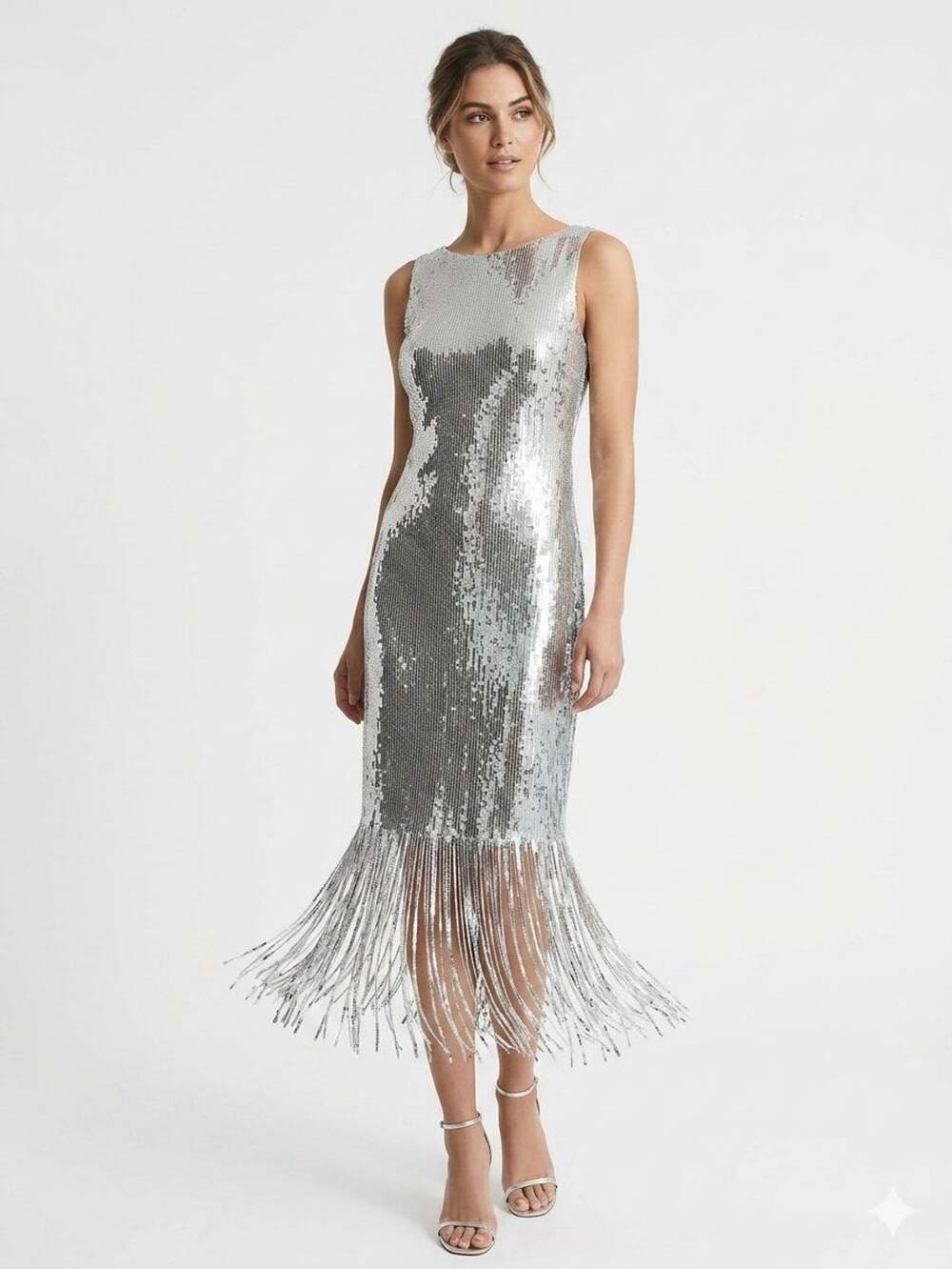 SZ 14 Nanette Lepore Silver Sequin Party Cocktail Dress with Fringe Hem